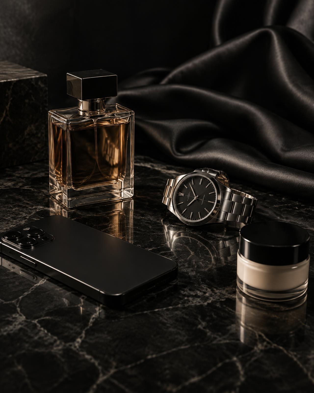 Perfume, smartphone, relógio e creme sobre mármore escuro
